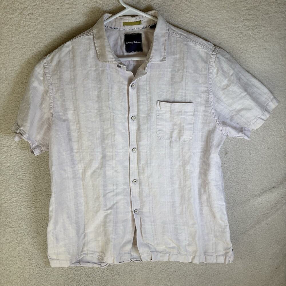 Tommy Bahama Shirt Mens XL White Linen Blend Short Sleeve Casual Button Down